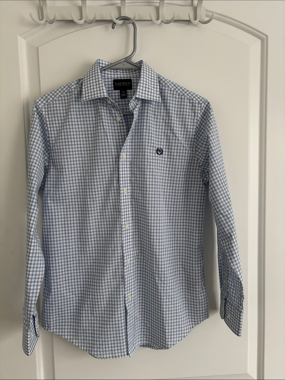 Lauren Ralph Lauren Boys Size 16 Blue White Grid Check Dress Shirt Crest Logo